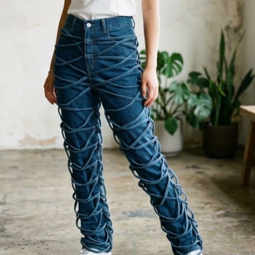 Multi Strap Cage Jeans High Waist Cutout String Loop Skinny Denim Medium Wash S